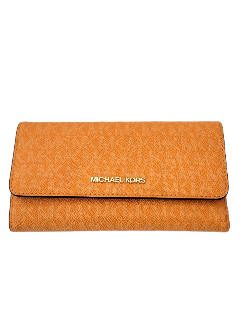 Michael Kors Jet Set Travel Large Trifold Wallet Clutch Rad Orange MK Logo